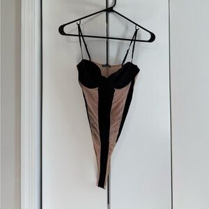Zara Black and Nude Mesh-Trim Bodysuit